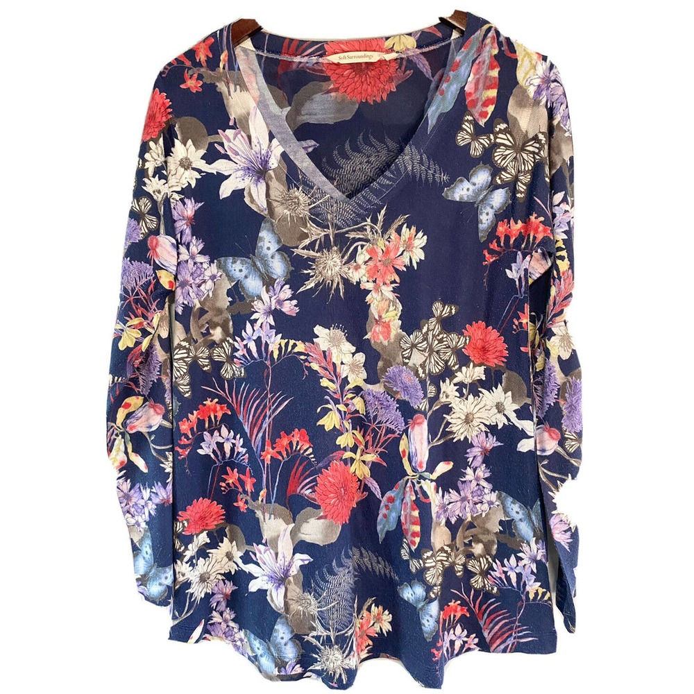 Soft Surroundings Women’s Blue Floral Stretch V Neck‎ Blouse Tunic Size Small